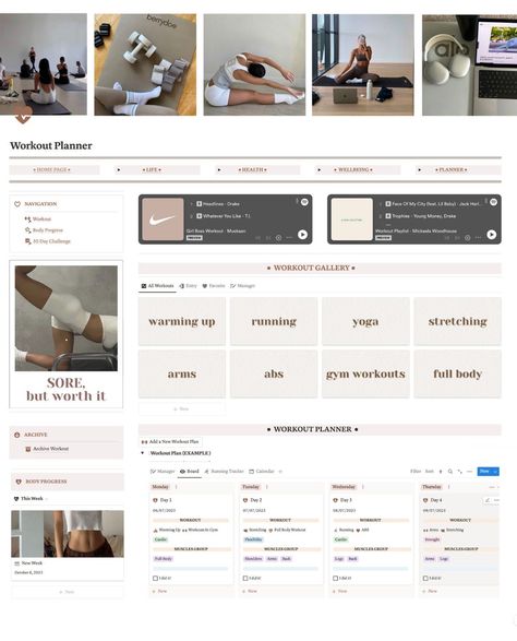 Fitness Planner Notion Template, Workout Planner Aesthetic, Gym Notion Template, Gym Notion, Notion Fitness Template, Notion Workout Template, Fitness Notion Template, Notion Dashboard Ideas Aesthetic, Dark Notion