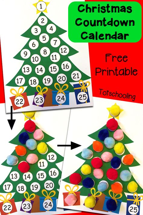 Free Christmas Countdown Printable Advent Calendar from Totschooling Diy Countdown, Christmas Countdown Printable, Christmas Countdown Diy, Countdown Christmas, Christmas Tree Advent Calendar, Calendar Advent, Printable Advent Calendar, Christmas Countdown Calendar, Advent Calendars For Kids