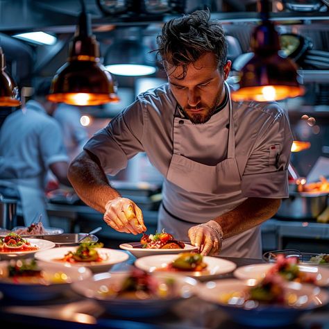 Download 'Chef Plating Dish' - Chef meticulously garnishing a dish in a busy, professional kitchen illuminated by warm overhead lights. - Get this free stock photo and more high-quality images on StockCake. No attribution required. Chef Photo Shoot Ideas, Chef Pictures Image Cooking, Food Photography In Restaurant, Chefs Photoshoot, Cooking Portrait, Chef Cooking Photography, Chef Photoshoot Ideas, Chef Branding, Chef Plating