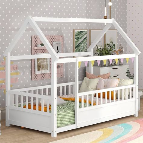 Amazon.com: Montessori Floor Bed Twin Size, Twin Montessori Bed with Fence, Twin Size House Bed for Kids, Girls, Boys, Twin Floor Bed White, 80" L x 45" W x 66" H Floor Bed Twin Size, Twin Montessori Bed, Floor Bed Twin, House Floor Bed, House Bed For Kids, Roof Fence, Twin Size House Bed, Twin Floor Bed, High Fence