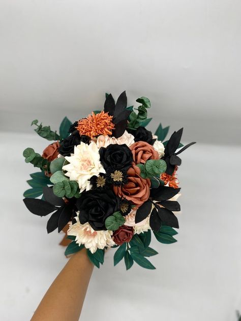 Black White And Burnt Orange Wedding, Black Green Burnt Orange Wedding, Black Sunflower Bouquet, Black Rose Wedding Bouquet, Prom Flowers Bouquet Black Dress, Black And Burnt Orange Wedding, Bridal Bouquet With Black, Black And Rust Wedding, Alanna Wedding