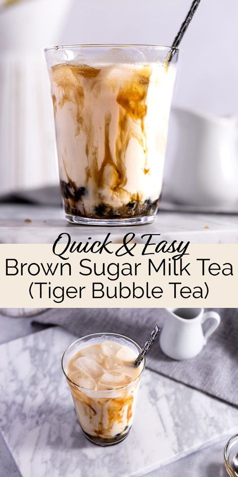 This brown sugar milk tea (tiger milk tea or tiger bubble tea) is easy to make with just a few ingredients at home. Not only does this bubble tea taste delicious, but it also looks amazing! Tiger Milk Tea Recipe, Tiger Bubble Tea, How To Make Caramel Milk Tea, Drinks With Milk Recipes, How To Make Brown Sugar Milk Tea, Easy Milk Tea Recipe, Milk Tea Recipe No Boba, Honey Milk Tea Recipe, Brown Sugar Syrup For Boba