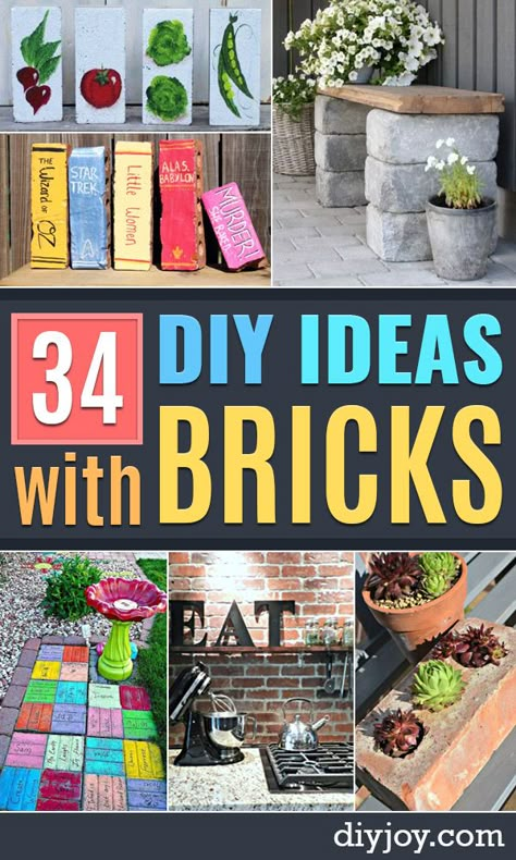 DIY Upcycled BDIY Ideas With Bricks - Home Decor and Creative Do It Yourself Projects to Make With Bricks - Ideas for Patio, Walkway, Fireplace, Firepit, Mantle, Grill and Art - Inexpensive Decoration Tutorials With Step By Step Instruction for Brick DIY http://diyjoy.com/diy-ideas-bricksrick Planter Box Ideas With Bricks, Brick Books, Painted Bricks Crafts, Brick Painting, Painted Pavers, Brick Crafts, Patio Walkway, Painted Bricks, Brick Ideas