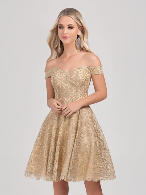 Val Stefani Cocktail | Style 3379RK | Short metallic gold lace off-the-shoulder ball gown Gold Court Dresses, Gold Quince Court Dresses, Gold Dress Short Classy, Gold Dresses Short, Gold Off The Shoulder Dress, Gold Dama Dresses, Short Gold Prom Dresses, Short Gold Dress, Elegant Gold Dress