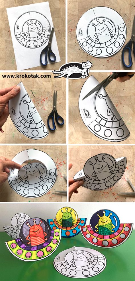 krokotak | UFO paper craft Aliens Activities For Preschool, Easy Space Crafts For Kids, First Grade Activities Crafts, Space Crafts Preschool, Ufo Craft, Plate Crafts For Kids, Outer Space Crafts, Craft Ideas For Beginners, Planet Crafts