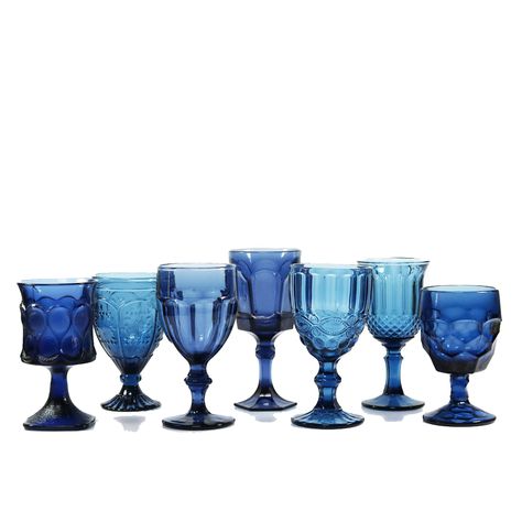 Deep Blue Goblets – The Confetti Studio Vintage Blue Glassware, Coloured Glassware, Blue Goblets, Colored Drinking Glasses, Blue Drinking Glasses, Rustic Family Room, Dark Blue Vintage, Blue Wine Glasses, Vintage Goblets