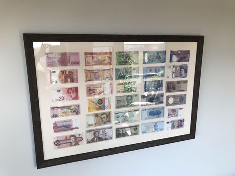 Travel Currency Display, Money Collection Display, Foreign Money Display Ideas, Money Display Ideas, Coin Collection Display, Display Souvenirs, Travel Room Decor, Money Frame, Michigan Decor