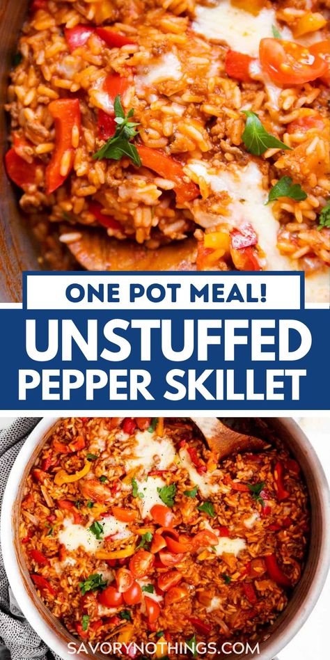 Try this Unstuffed Pepper Skillet if you need a simple dinner for tonight! Made with rice, ground beef and peppers, this meal cooks in a single skillet for easy prep and a quick cleanup. | #onepotmeals #onepot #groundbeefrecipes #dinner #easyrecipes Ground Beef Recipes With Peppers, One Pot Unstuffed Peppers, Beef And Peppers Over Rice, Unstuffed Peppers Meal Prep, Unstuffed Pepper Skillet Ground Beef, One Pot Unstuffed Pepper Skillet, One Pot Stuffed Pepper Skillet, Unstuffed Pepper Skillet Healthy, One Pan Stuffed Pepper Skillet