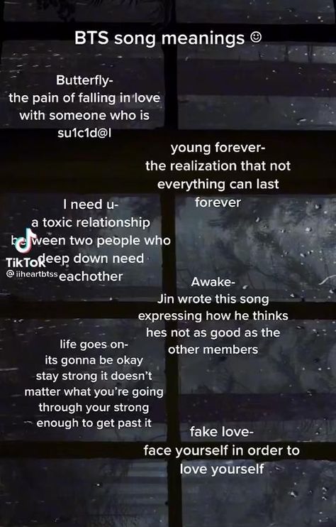 Borahae Meaning, Bts Song Wallpaper, Bts Meaningful Lyrics Quotes, Song Meanings, Bts I Need U, Bts Meaning, You Just Realized, Songs With Meaning, Quotes Songs