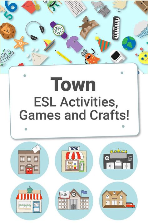 ESL town activities crafts and games for children Esl Worksheets For Kids, English Language Activities, Activity Games For Kids, Town Games, Esl Games, Esl Printables, Esl Classroom, Esl Activities, English Games