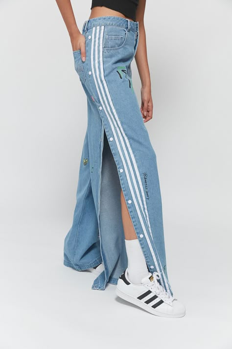 adidas Originals X Fiorucci Snap Button Jean | Urban Outfitters Adidas Fiorucci, Pants Alterations, Reworked Pants, Adidas Adibreak, Fits Comfy, Snap Pants, Denim Fits, Denim Wide Leg, Trendy Skirts