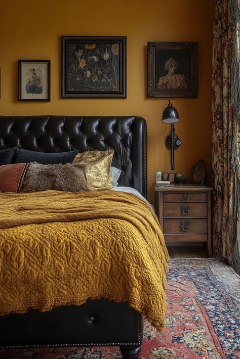 29 Yellow Fantasy Bedroom Ideas to Bring Sunshine and Magic into Your Room 16 Mustard Yellow Color Palette, Ochre Bedroom, Fantasy Bedroom Ideas, Glamour Room, Mustard Bedroom, Yellow Bedroom Walls, Mustard Yellow Bedrooms, Apothecary Kitchen, Mustard Yellow Walls