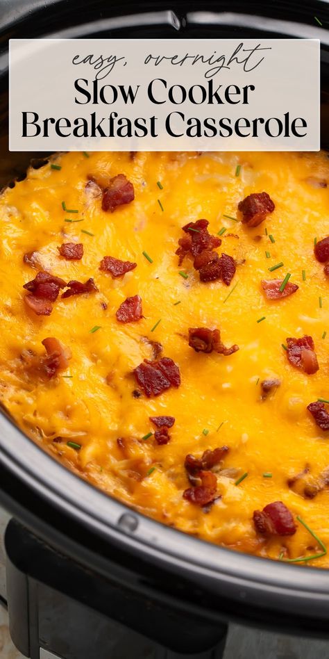 The best way to start any day is with a breakfast that cooks while you sleep! This Crockpot breakfast casserole combines creamy scrambled eggs, shredded hashbrown potatoes, chopped onions, melty cheese, and crispy bacon (or savory sausage) for an all-in-one meal you'll be excited to wake up to. Perfect for entertaining, weekly make-ahead meals, and holiday mornings! Vegetarian and dairy-free options included. Crockpot Breakfast Casserole Overnight Ham, Hash Brown Breakfast Casserole Crockpot, Crockpot Breakfast Casserole Hashbrowns, Crockpot Breakfast Casserole With Bread, Non Dairy Egg Casserole, Breakfast Casserole With Hashbrowns Crockpot Christmas Morning, Christmas Morning Breakfast Casserole Crockpot, Easy Brunch Ideas Crock Pots, Make Ahead Sausage Hashbrown Breakfast Casserole