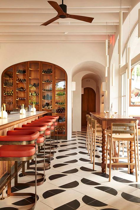 Porta Via Calabasas Restaurant Designed by Sophie Goineau Modern Cafe Design Interior, Spanish Restaurant, Spanish Colonial Revival, Van Nuys, Colonial Revival, Restaurant Interior Design, Commercial Interior Design, Spanish Colonial, Hospitality Design