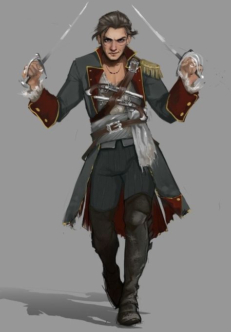 Human Rogue Swashbuckler Bard Rapier Swords, Swords Bard, Pirate Concept, Two Swords, Character Design Cartoon, Pirate Captain, Pirate Art, Heroic Fantasy, My Character