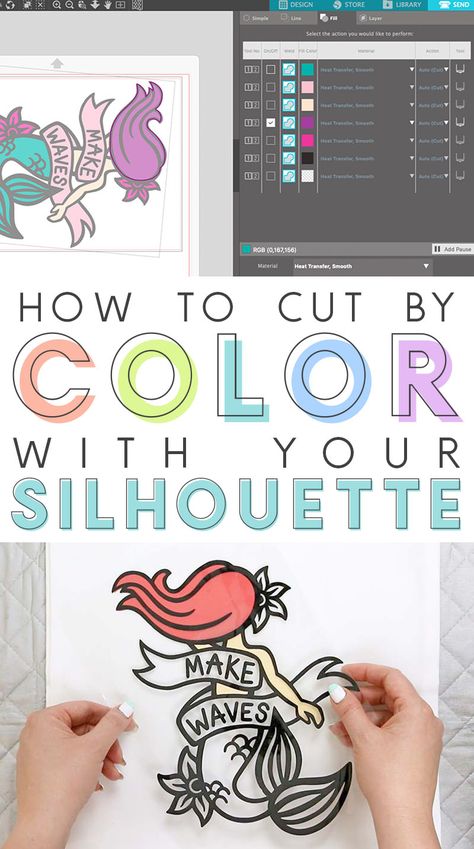 How to Cut by Color with the Silhouette: DIY Mermaid Bag - Persia Lou How To Make Stencils With Silhouette Cameo 3, Silhouette Portrait 3 Ideas, Diy Silhouette Projects, Layered Vinyl Designs, Silouette Cameo3, Cameo 4 Projects, Cameo Silhouette Projects, Print And Cut Silhouette, Silhouette Cameo Projects Beginner