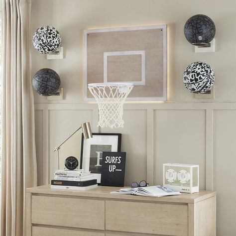 Decor All New Arrivals | Pottery Barn Teen Toys As Decor, Modern Sports Room, Sports Nursery Theme Vintage, Sport Gallery Wall, Boys Bedroom Ideas Basketball Theme, Boys Vintage Sports Bedroom, Basketball Themed Nursery, Girls Basketball Room Ideas, Boy Room Wall Ideas