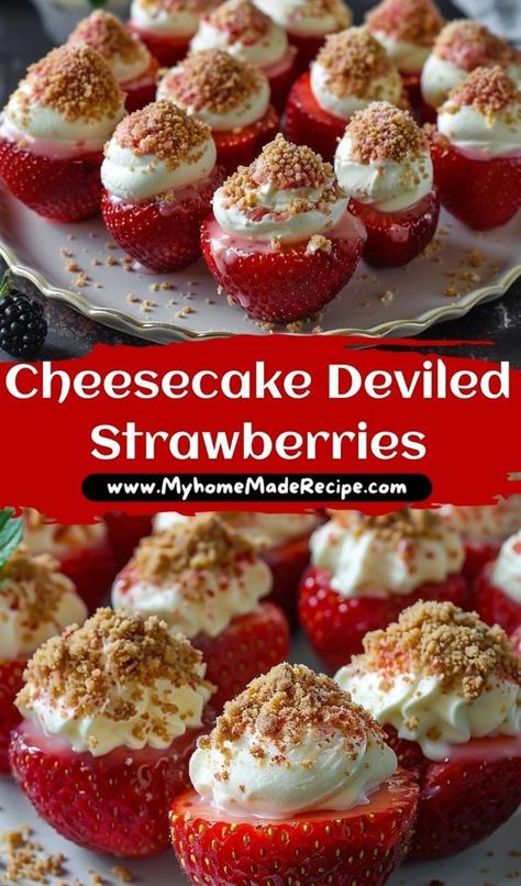 Delicious cheesecake deviled strawberries! Fresh strawberries filled with creamy cheesecake, perfect for parties or a sweet bite-sized dessert.  Hashtags: #CheesecakeStrawberries #EasyDessert #PartyTreats #StrawberryLovers #NoBakeDessert #BiteSizedTreats #FruitDessert #SweetTreats #DessertInspo #FoodieFavorites Yummy Snacks For Party, Healthy Desserts Cheesecake, Keto Strawberry Cheesecake Bites, Things To Make For A Potluck, Strawberry Deviled Cheesecake, Fresh Party Food, Thanksgiving Sweet Appetizers, Appetizer Dessert Recipes, Thanksgiving Simple Desserts