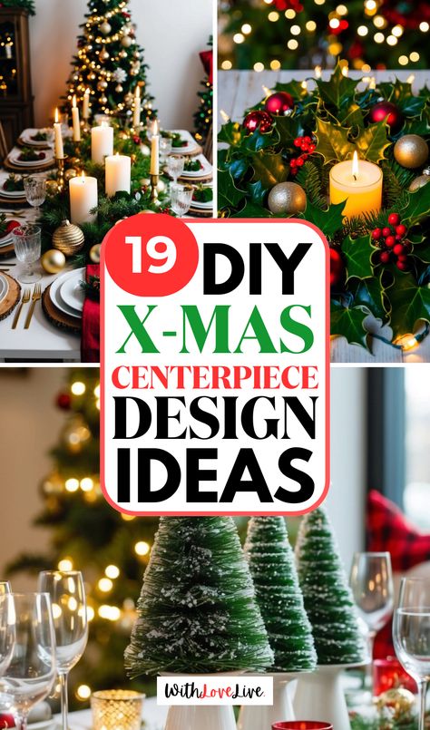 Deck the halls with beautiful DIY Christmas centerpieces! 🌿🎄 Discover creative and budget-friendly ideas to add sparkle and warmth to your holiday tablescape. Perfect for any Christmas gathering. Don’t forget to save this pin for your next holiday decoration project! 📌🎅 Diy Candle Centerpieces Christmas, Table Centerpieces For Christmas Diy, Dollar Tree Xmas Centerpieces, Holiday Table Decorations Diy, Christmas Trees Centerpieces For Table, Christmas Table Decorations Candles, Christmas Party Centerpieces For Round Tables, Creative Christmas Centerpieces, Decorating Tables For Christmas