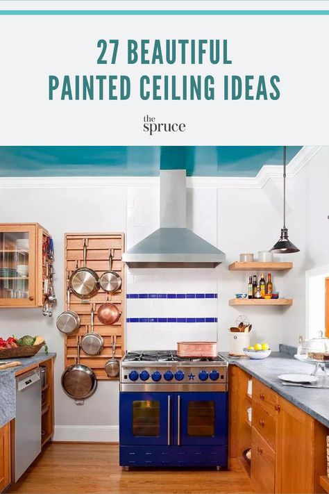 While many of us probably don't look to our ceilings for color, these painted ceiling ideas might be the game-changer we need. Some extra color could be the switch up needed to liven up a room. Colorful Ceiling Ideas, Painted Ceiling Kitchen, Painting The Ceiling, Painted Kitchen Ceiling, Renter Friendly Decorating, Kitchen Ceiling, Painted Ceiling, Kitchen Paint, Renter Friendly