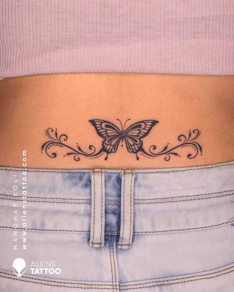 Tramp Stamps Butterfly, Butterfly Waistline Tattoo, Bottom Stomach Tattoos, Lower Back Butterfly Tattoos For Women, Moon Lower Back Tattoo, Butterfly Tattoo Lower Back, Chest Butterfly Tattoo, Lower Back Butterfly Tattoo, Lower Back Tattoos For Women Classy