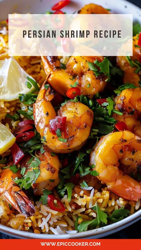 Persian Shrimp Recipe – Epic Cooker Middle Eastern Shrimp Recipe, Persian Shrimp And Rice, Prawn Rice Recipes, Prawn Recipes Healthy, Shrimp Recipes With Rice, Arabic Mezze, Indian Shrimp Recipes, Shrimp Dishes Recipes, Saffron Shrimp