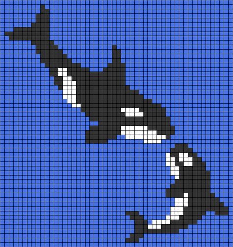 Orca Whale Perler Beads, Crochet Orca Pattern, Whale Tapestry Crochet, Perler Bead Orca, Orca Alpha Pattern, Jellyfish Grid Pattern, Orca Pixelart, Shark Grid Pattern, Shark Tapestry Crochet