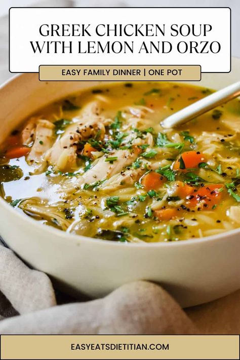 This Greek chicken soup with lemon and orzo is so warm, comforting and flavorful! It's made in one pot in under 30 minutes and it's so perfect for the cooler weather in the fall and winter months! This recipe makes for the perfect weeknight dinner and your whole family will be sure to love it! #fallrecipes #winterrecipes #falldinner #soup #soupseason #easydinner #easydinnerideas #soups #greek #chickenlemonsoup Healthy And Delicious Soups, Instant Pot Lemon Orzo Chicken Soup, Defined Dish Soup Recipes, Orzo Soup Chicken, Lemon Chicken And Orzo Soup, Healthy Lemon Orzo Soup, Chicken Soup Orzo Recipes, Chicken Soup Recipes Orzo, Soup Using Chicken Broth