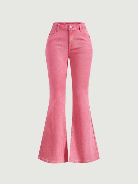 SHEIN MOD Solid Flare Leg Jeans | SHEIN USA Pink Bell Bottom Jeans, Pink Flair Jeans, Pink Flair Jeans Outfit, Pink 70s Outfit, Pink 70s Aesthetic, Pink Flared Jeans, Pink Flared Pants, Pink Flare Jeans, Pink Flare Pants