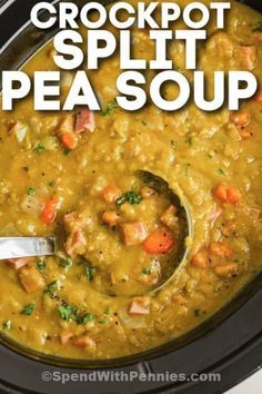 Crockpot split pea soup can be made with a hambone or with chopped ham. No need to fuss with this easy recipe, it turns out delicious every time! #spendwithpennies #crockpotsplitpeasoup #soup #recipe #ham #hambone #easy #best #crockpot #slowcooker Easy Split Pea Soup Crock Pot, Split Pea And Navy Bean Soup, Split Pea Soup Recipe Crock Pot, Han And Split Pea Soup, Crockpot Pea Soup With Ham, Ham Bone Soup Recipes Crock Pot Split Peas, Slow Cooker Pea Soup With Ham Bone, Easy Pea Soup With Ham Bone, Creamy Split Pea And Ham Soup