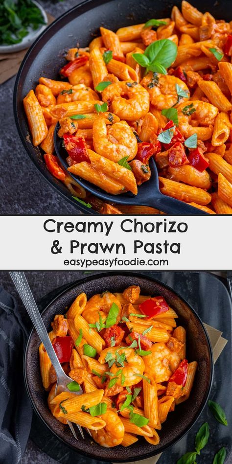 A delicious combination of prawns, chorizo, tomatoes and penne pasta, with just a touch of cream, this easy peasy Chorizo and Prawn Pasta can be on the table in just 20 minutes! If you love prawns and chorizo, you are going to love this speedy pasta recipe! #chorizo #prawns #pasta #chorizopasta #prawnpasta #shrimppasta #penne #easymidweekmeals #easymeals #midweekmeals #easydinners #dinnertonight #dinnertonite #familydinners #familyfood #easypeasyfoodie #cookblogshare Prawns With Pasta, Chorizo Shrimp Pasta, Prawn Pasta Recipe, Prawn And Chorizo Recipes, Prawn And Chorizo, Prawns And Chorizo Recipes, Creamy Tomato Prawn Pasta, Prawn Pasta Tomato, Prawn And Chorizo Pasta