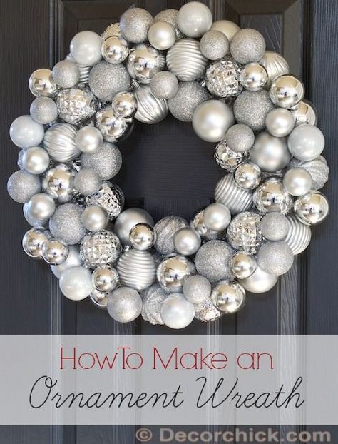 Christmas Ornament Wreath Tutorial | www.decorchick.com @Decorchick Cheap Christmas Diy, Ball Wreath, Door Hangings, Wreaths Christmas, Christmas Ornament Wreath, Christmas Wreaths To Make, Wreath Tutorial, Silver Christmas, Noel Christmas