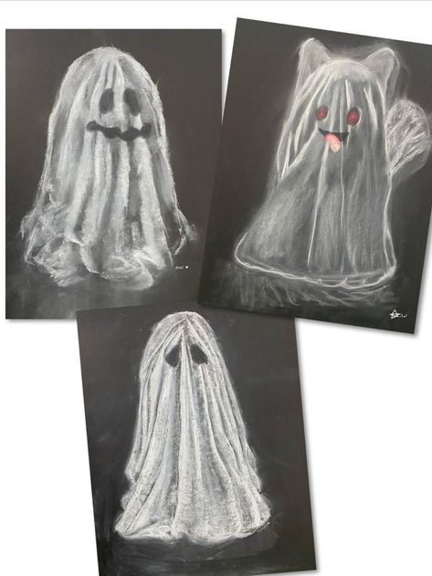 Three chalk pastel drawings on black paper. One ghost looks like a cat. Chalk Ghost Drawing, Spooky Drawing Reference, Color Monster Art Lesson, Halloween Chalk Pastel Art, Halloween Art Projects Kindergarten, Easy Halloween Art Projects For Elementary, Fall Art Classroom, One Day Fall Art Projects, 3rd Grade Pumpkin Art