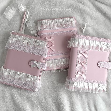 Coquette stationary Decorated Binders, Coquette Stationary, Pink Aesthetic Journal, Toploader Design, Coquette Notebook, Decorated Notebooks, Washi Tape Designs, Binder Decoration, Kawaii Journal