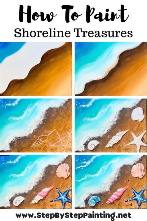 Shoreline Seashells - Acrylic Painting Tutorial Beach Sand Painting, Drawing Beach Scenes, Learn To Paint Beginners Step By Step, How To Draw Sand, How To Paint Beach Scene Easy, Ocean Painting Acrylic Easy, How To Paint Ocean, Beach Acrylic Painting Easy, Seashell Art Painting