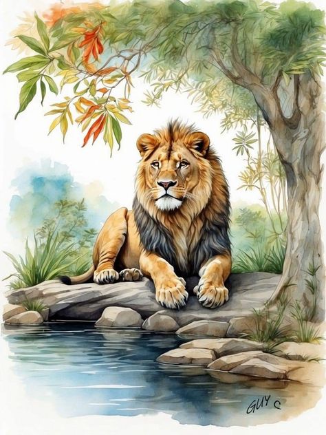 Drawing Wild Animals, Big Cats Photography, Watercolor Scenery, Lion Drawing, Africa Animals, Lion Painting, Lion Images, Image Chat, Animal Portraits Art