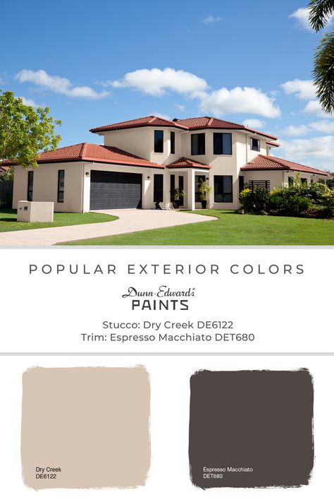 #Exteriorcolroscheme #exteriorpaint #exteriorinspo #exteriorhome #exteriorcolors #myDEcolor #DunnEdwardsPaints #DEcolortrends #dunnedwards #popularcolors #designercolors #curatedcolors #espressomacchiato #det680 #drycreek #de6122 Color Schemes For The Home Exterior, Dunn Edwards Exterior Paint Colors, Mediterranean Exterior Paint Colors, Terracotta Roof House Exterior Colors, Red Roof House Colors, Terracotta Roof House, Stucco Exterior Colors, Exterior Home Color Schemes, Stucco House Colors