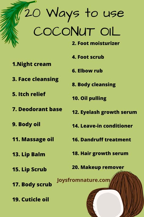 Coconut oil can be used in many ways for skin care, hair care and overall body care. Here are 20 ways to use coconut oil. Read the full article for fun recipes and tips. Coconut Oil Hacks, How To Use Coconut Oil For Skin, Ways To Use Coconut Oil, How To Make Coconut Oil, Coconut Oil Uses For Skin, Coconut Oil For Lips, Esthetician Spa, Coconut Oil Benefits, Coco Oil