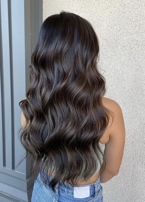 Long Hair Balayage Black, Long Black Hair Brown Highlights, Balyage Long Hair Black Hair, Hair Inspo For Dark Hair, Black Hair With Brunette Highlights, Long Black Hair With Brown Highlights, Dark Hair With Dark Brown Highlights, Dark Brown Hair With Little Highlights, Dark Brown With Brown Highlights