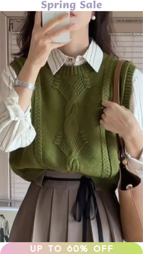 Women Green O Neck Patchwork Cozy Cotton Knit Waistcoat Sleeveless Light Academia Green Outfits, Light Green Outfits For Women, Light Academia Outfit, Knit Waistcoat, Office Fits, Buyer Persona, Natural Linen Dress, Character Fashion, Fun Outfits