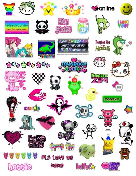 2000s Scene Wallpaper Laptop, Scene Stickers Emo, 2000 Scene Aesthetic, Scene Stickers Png, Scene Kid Art Style, Scene Drawings 2000s, Scenecore Stickers, Emo Aesthetic Drawings, Scenecore Png