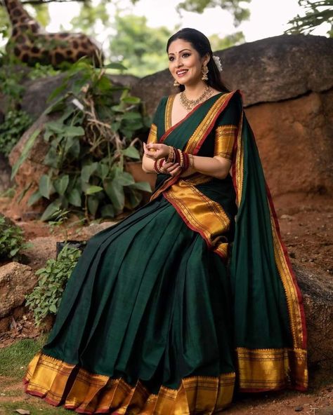 South Indian Lehnga Dress, South Indian Poses In Saree, Lehenga Designs South Indian, South Indian Saree Lehenga, South Indian Fashion Saree, Simple Dhavani, Thavani Styles, South Indian Outfits For Women, Simple South Indian Saree Look