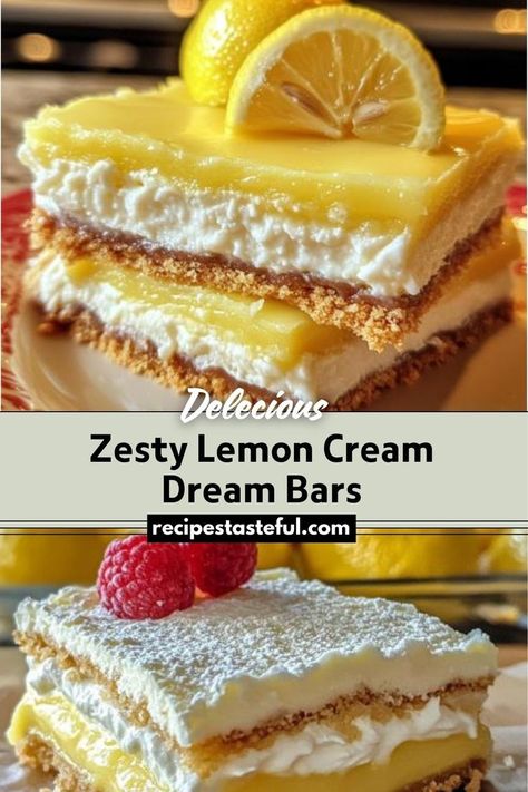 A refreshing dessert bar featuring a graham cracker crust, creamy lemon cheesecake filling, and a swirl of raspberry preserves. Garnished with fresh raspberries, lemon slices, and whipped cream, these bars offer a delightful balance of tangy lemon and sweet raspberry flavors. Lemon Raspberry Desserts, Lemon Cheesecake Filling, Raspberry Recipes Dessert, Traditional Thanksgiving Recipes, Raspberry Desserts, Dream Bars, Easy Thanksgiving Recipes, Raspberry Preserves, Raspberry Recipes