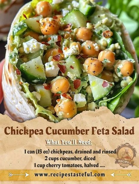 Gordon Ramsay | Chickpea Cucumber Feta Salad | Facebook Chickpea Cucumber Feta Salad, Chickpea Cucumber Salad, Chickpea Cucumber, Cucumber Feta Salad, Salad Wrap, Easy Recipes For Beginners, Chick Pea, Chickpea Recipes, Feta Salad