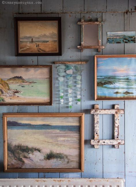 Airbnb Cottage, Reclaimed Decor, Coastal Gallery Wall, Seaside Wall Art, Beach House Aesthetic, Glass Mobile, Unique Interiors, Beach Cabin, Deco Nature