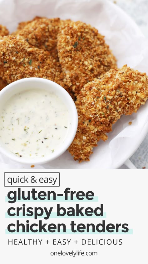 Gluten-Free Crispy Chicken Tenders - This oven-baked chicken tenders recipe is gluten & dairy-free with a fabulous crispy crunch! // crispy gluten free chicken tenders // baked chicken tenders recipe // healthy chicken tenders recipe // gluten free breadcrumbs // gluten-free chicken fingers recipe // gluten-free chicken strips recipe // gluten-free baked chicken strips // gluten-free baked chicken fingers // chicken strips dipping sauces Chicken Tender Recipes Healthy, Gluten Free Chicken Fingers, Chicken Tenders Baked, Healthy Chicken Tenders, Gluten Free Baked Chicken, Gluten Free Breadcrumbs, Crispy Baked Chicken Tenders, Baked Chicken Fingers, Chicken Fingers Recipe