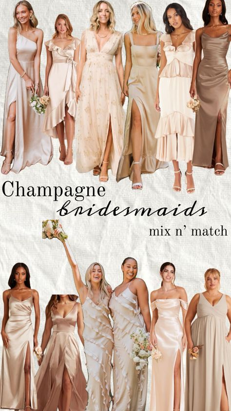 Champagne Gold Bridesmaid Dresses, Bridesmaid Dress Color Schemes, Beige Bridesmaid Dress, Beige Bridesmaids, Neutral Bridesmaid Dresses, Wedding Color Pallet, Bridesmaids Dress Inspiration, Candle Wedding Centerpieces, Champagne Bridesmaid Dresses