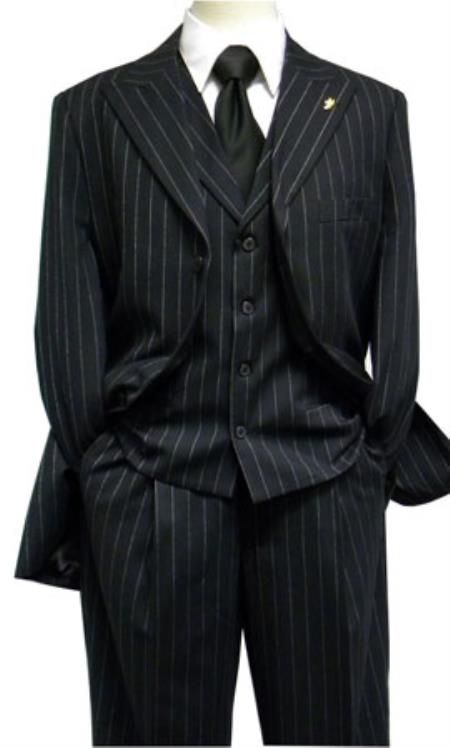 SKU#RM1413 Mens Falcone Two Button Single Breasted Peak Lapel Gangster Stripe Square Vested Suit Black Jack Crowley, 1920s Suit, Black Gangster, Men Suits Black, Mischief Makers, Black Pinstripe Suit, Jay Gatsby, Zoot Suit, Suit Man