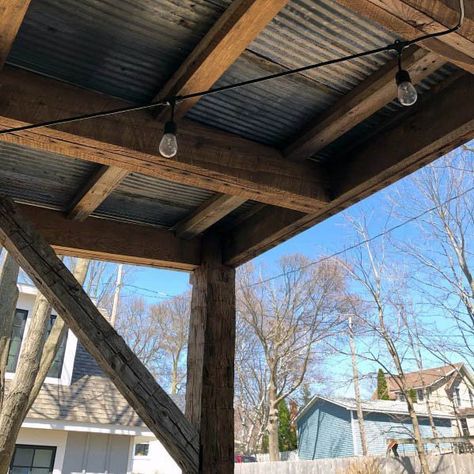 Patio Ceiling Ideas Inspiration Tin With Rustic Wood Beams Tin Roof Porch Diy Covered Patios, Rustic Back Porch Ideas Covered Patios, Patio Ceiling Ideas Outdoor Diy, Black Patio Ceiling Ideas, Pavilion Ceiling Ideas, Outdoor Patio Ceiling Ideas Wood, Tin Porch Ceiling, Pergola Ceiling Ideas, Rustic Covered Patio Ideas