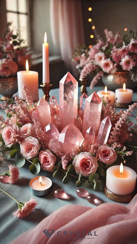 Crystal And Tarot Aesthetic, Rose Quartz Counter, Beauty Altar, Rose Priestess, Spiritual Room Meditation Space, Love Alter, Feminine Altar, Pink Therapy, Peace Crystals